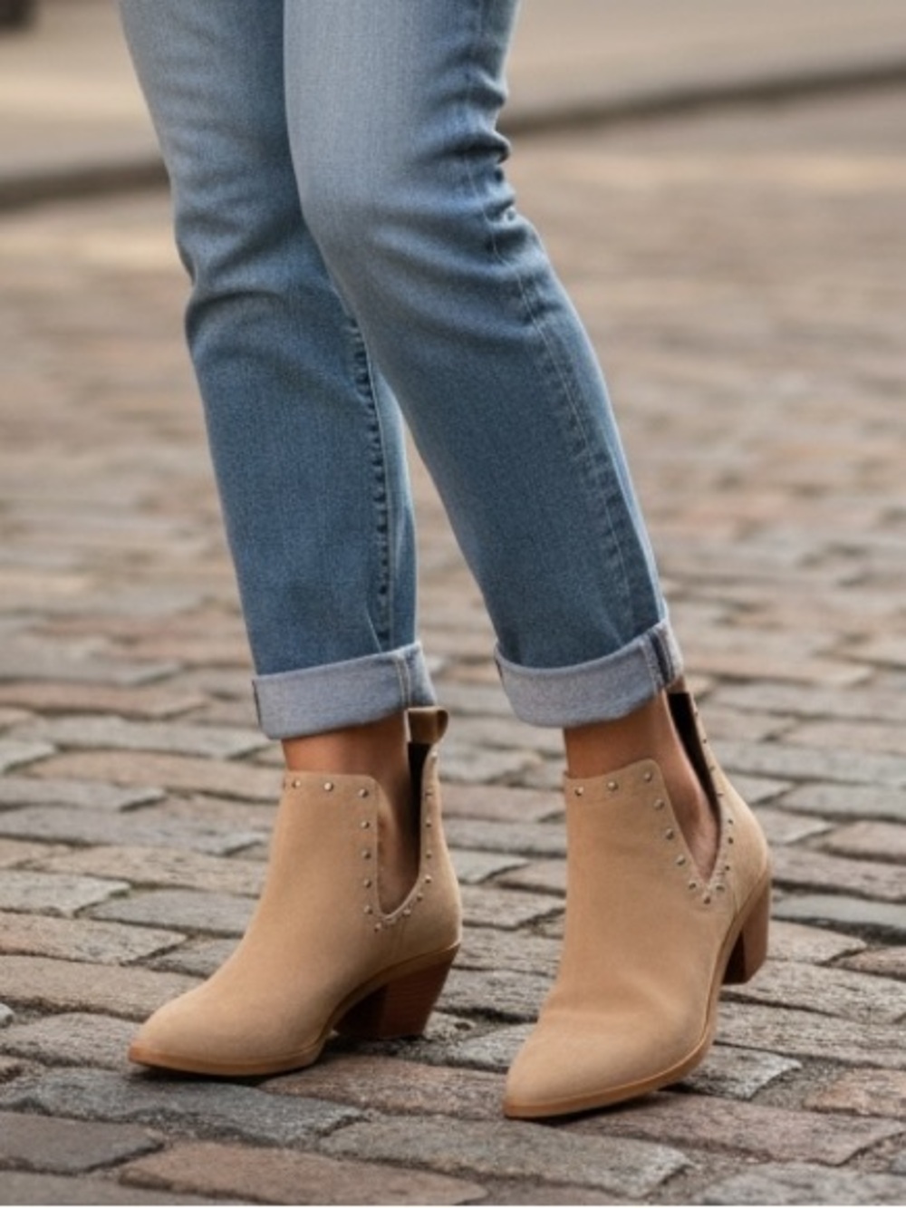 Rebecca Minkoff Tan Suede Pointed Ankle Booties with Stud Trim
